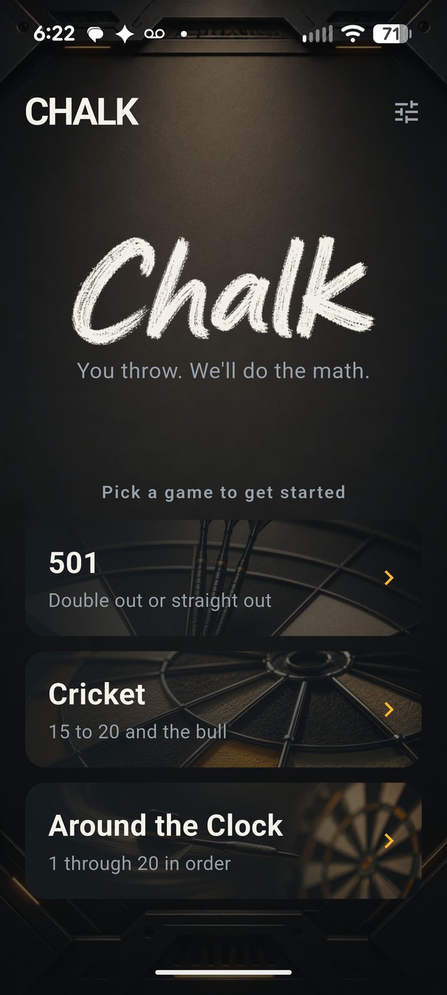 Chalk — the home screen, offering 501, Cricket, and Around the Clock
