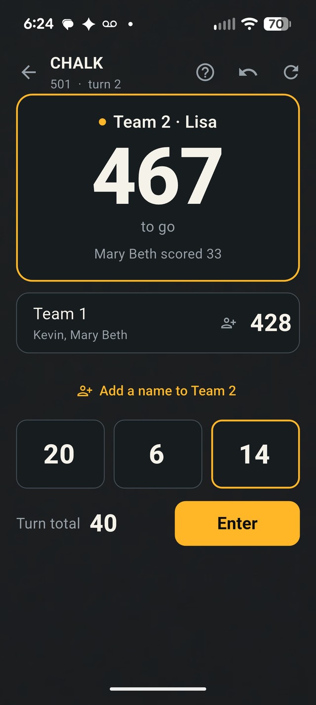 Chalk — a 501 game in progress showing each team's score and the three darts just thrown