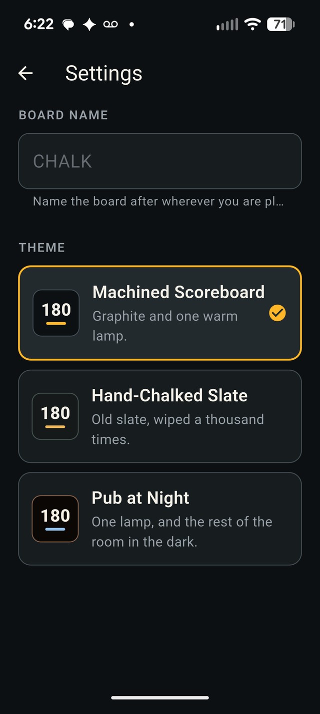 Chalk — settings, naming the board and choosing between three scoreboard themes